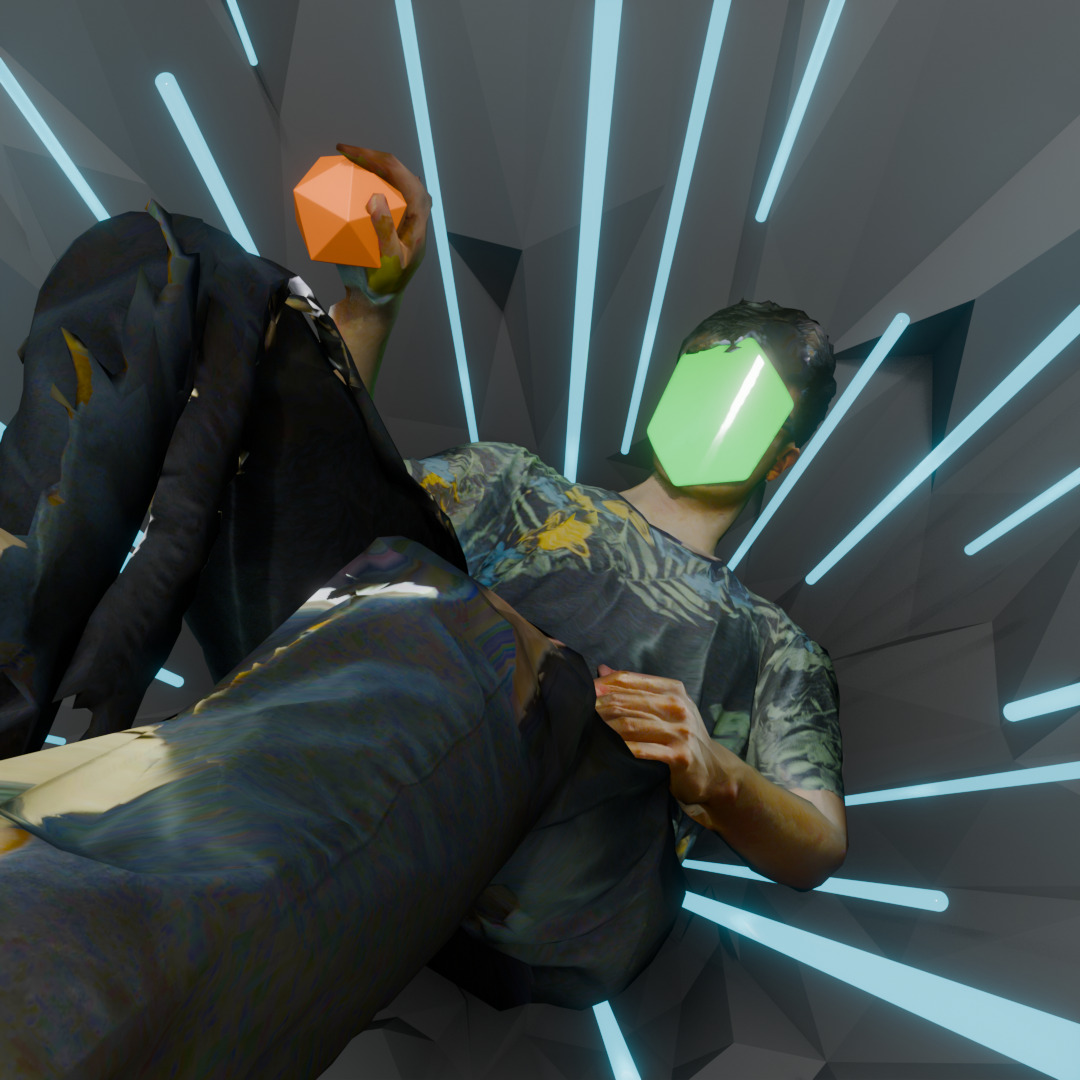 a 3d render featuring a photogrammetry model of jaxter184 falling backwards into a jagged geometric background. he is holding a bright orange icosaherdon in his right hand, and surrounded by many light blue glowing poles. he is wearing black pants and a dark shirt with leaf and flower motifs. his face is covered with a glowing light green oblong hexagon.